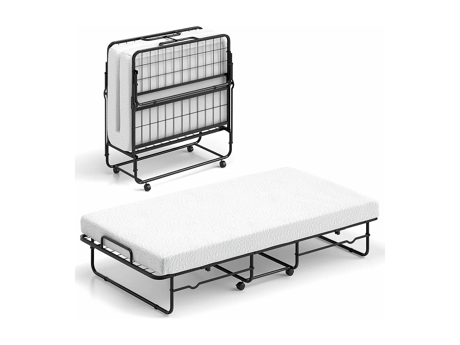 Inklapbaar logeerbed, 90 x 190 cm, opklapbed met 10 cm dik schuimmatras, lattenbodem van metaal, vouwbed met wielen en robuust metalen frame, belastbaar tot 220 kg
