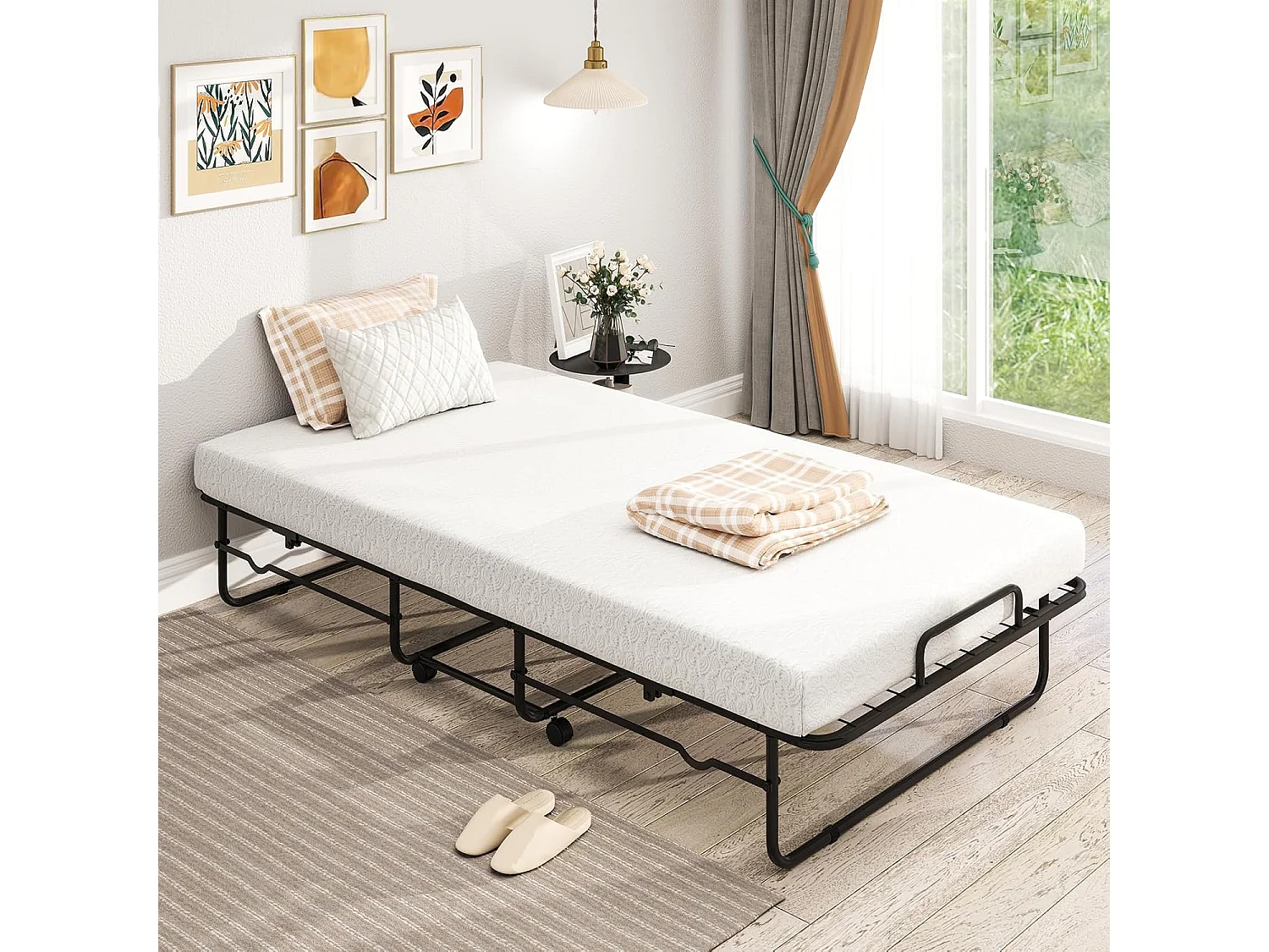 Inklapbaar logeerbed, 90 x 190 cm, opklapbed met 10 cm dik schuimmatras, lattenbodem van metaal, vouwbed met wielen en robuust metalen frame, belastbaar tot 220 kg