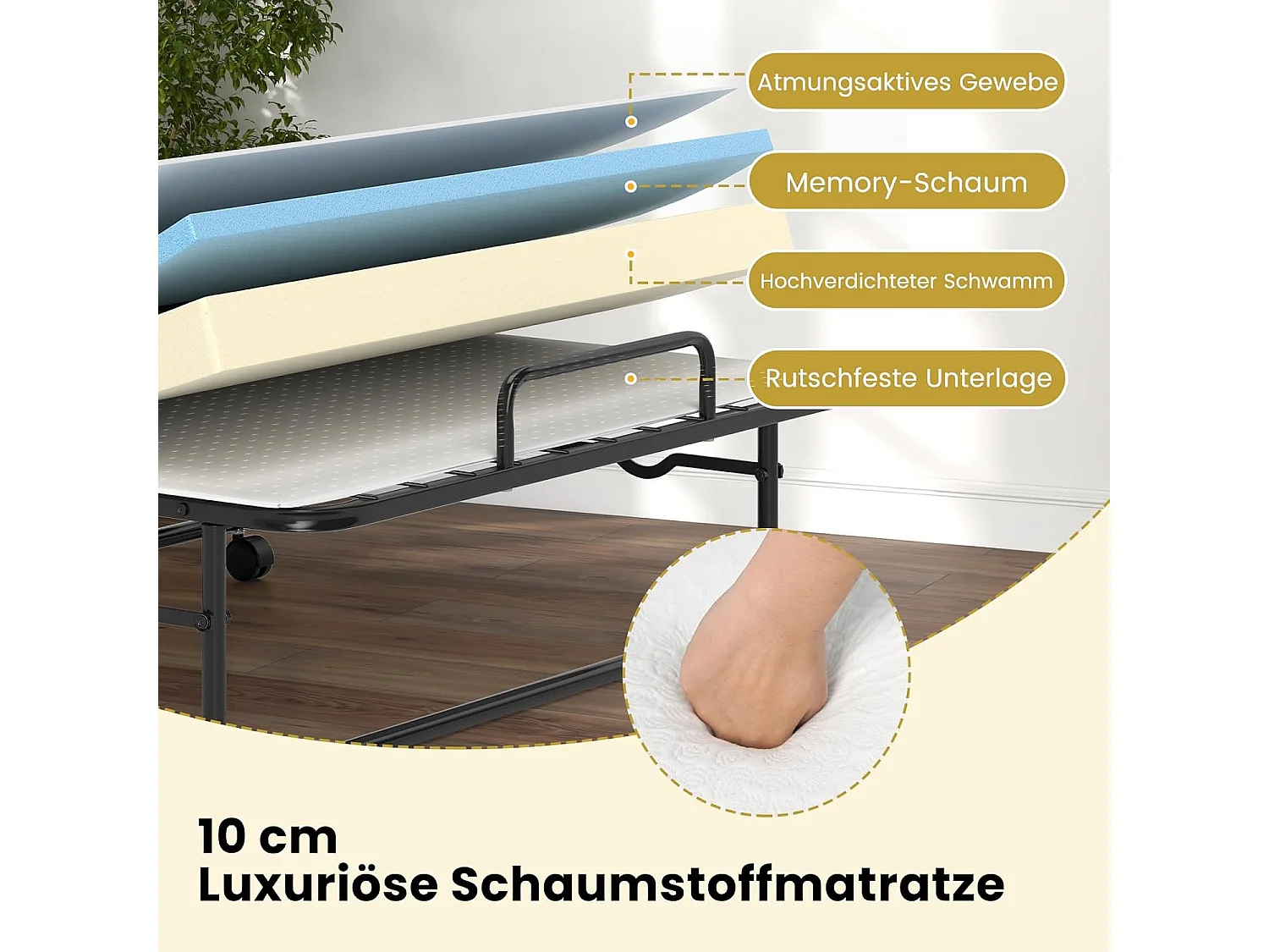 Inklapbaar logeerbed, 90 x 190 cm, opklapbed met 10 cm dik schuimmatras, lattenbodem van metaal, vouwbed met wielen en robuust metalen frame, belastbaar tot 220 kg