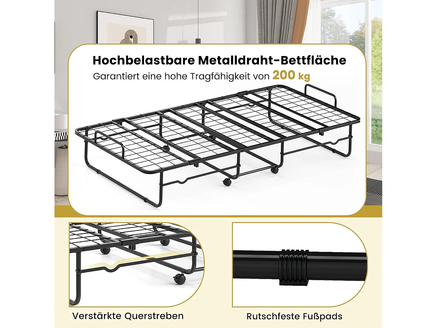 Inklapbaar logeerbed, 90 x 190 cm, opklapbed met 10 cm dik schuimmatras, lattenbodem van metaal, vouwbed met wielen en robuust metalen frame, belastbaar tot 220 kg