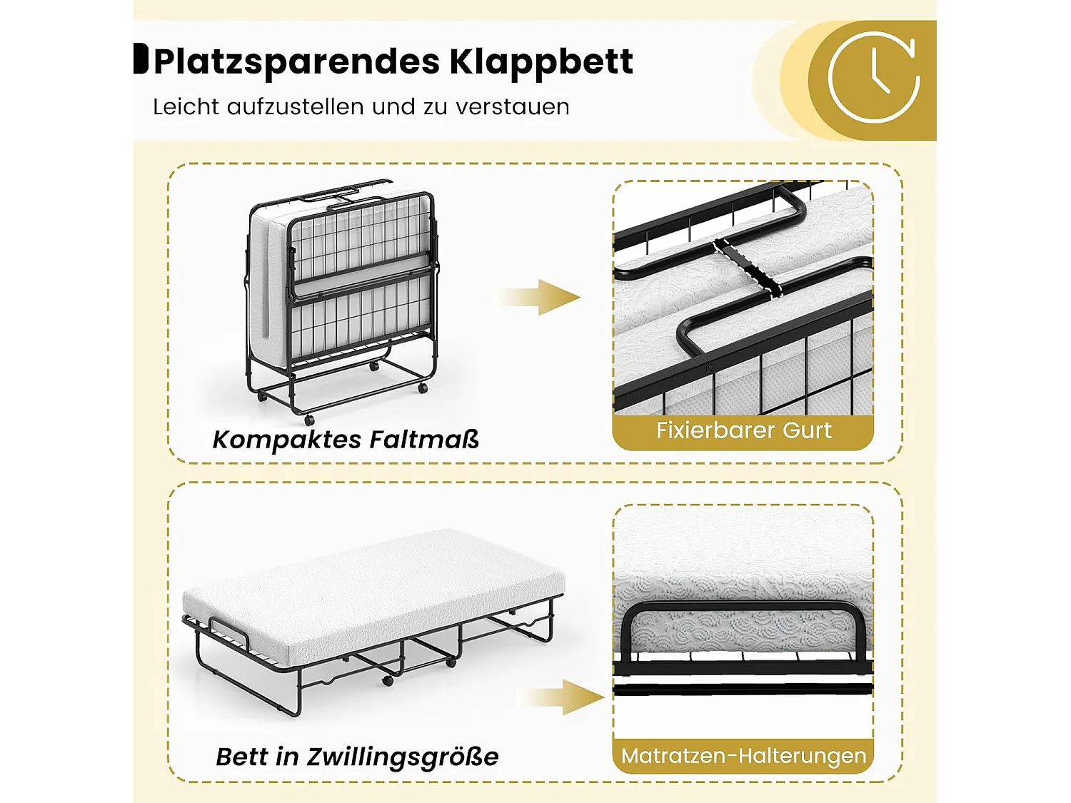Inklapbaar logeerbed, 90 x 190 cm, opklapbed met 10 cm dik schuimmatras, lattenbodem van metaal, vouwbed met wielen en robuust metalen frame, belastbaar tot 220 kg