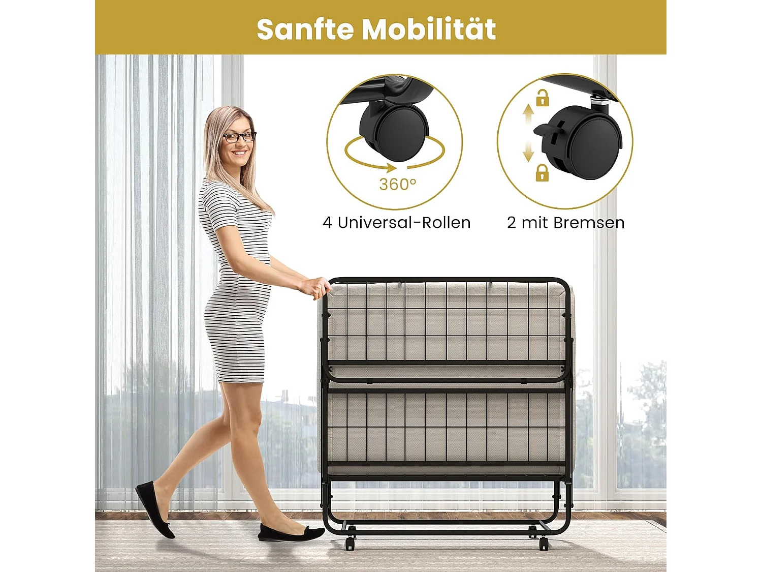 Inklapbaar logeerbed, 90 x 190 cm, opklapbed met 10 cm dik schuimmatras, lattenbodem van metaal, vouwbed met wielen en robuust metalen frame, belastbaar tot 220 kg