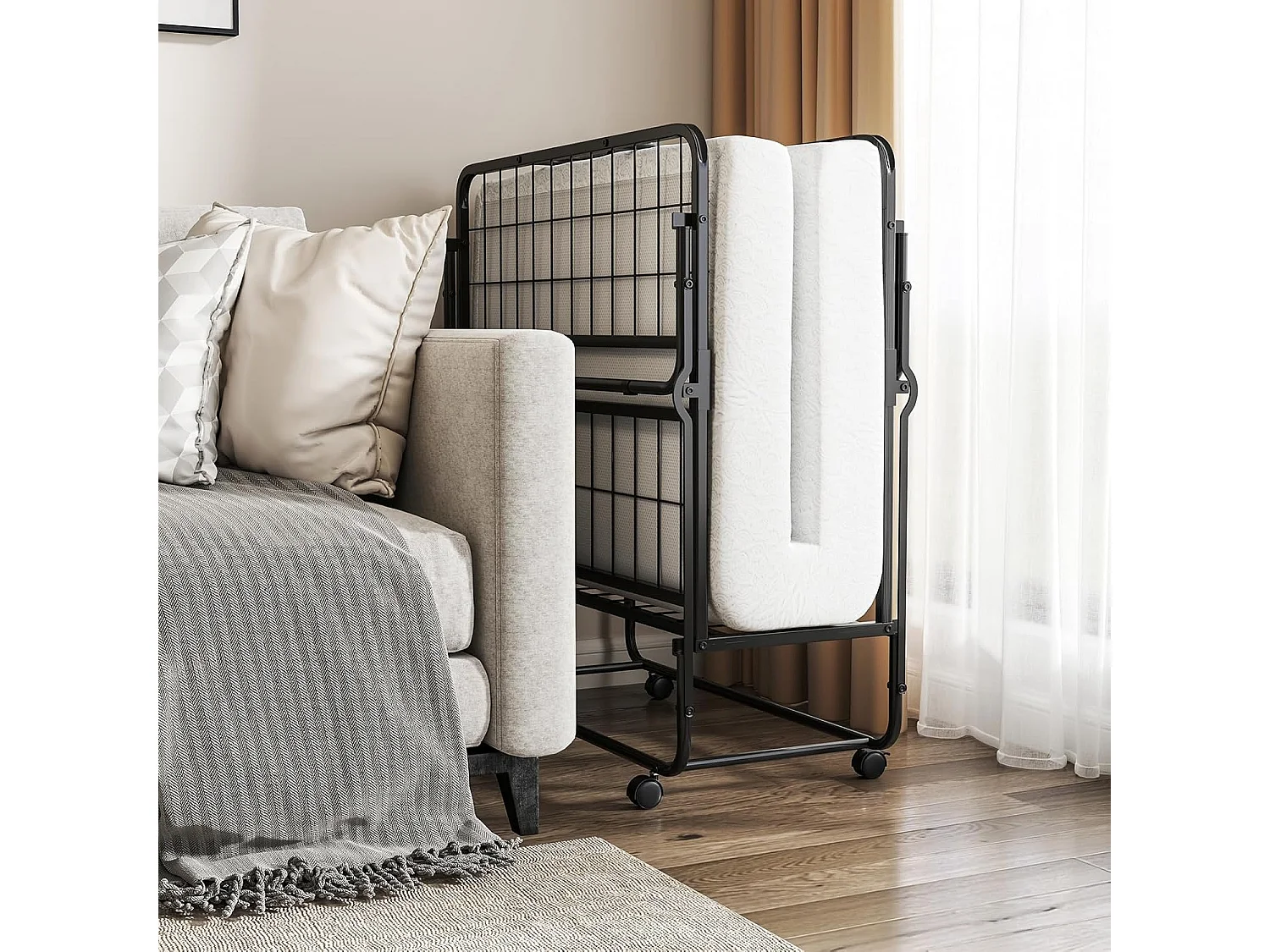 Inklapbaar logeerbed, 90 x 190 cm, opklapbed met 10 cm dik schuimmatras, lattenbodem van metaal, vouwbed met wielen en robuust metalen frame, belastbaar tot 220 kg