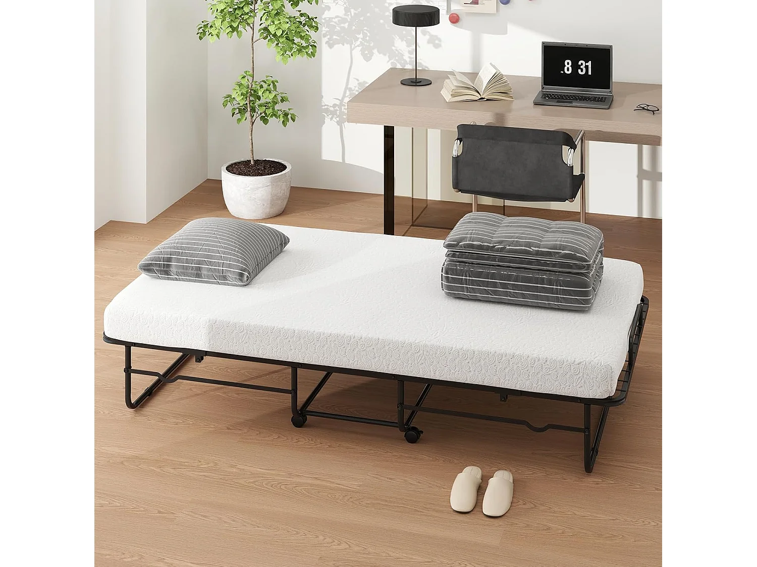 Inklapbaar logeerbed, 90 x 190 cm, opklapbed met 10 cm dik schuimmatras, lattenbodem van metaal, vouwbed met wielen en robuust metalen frame, belastbaar tot 220 kg