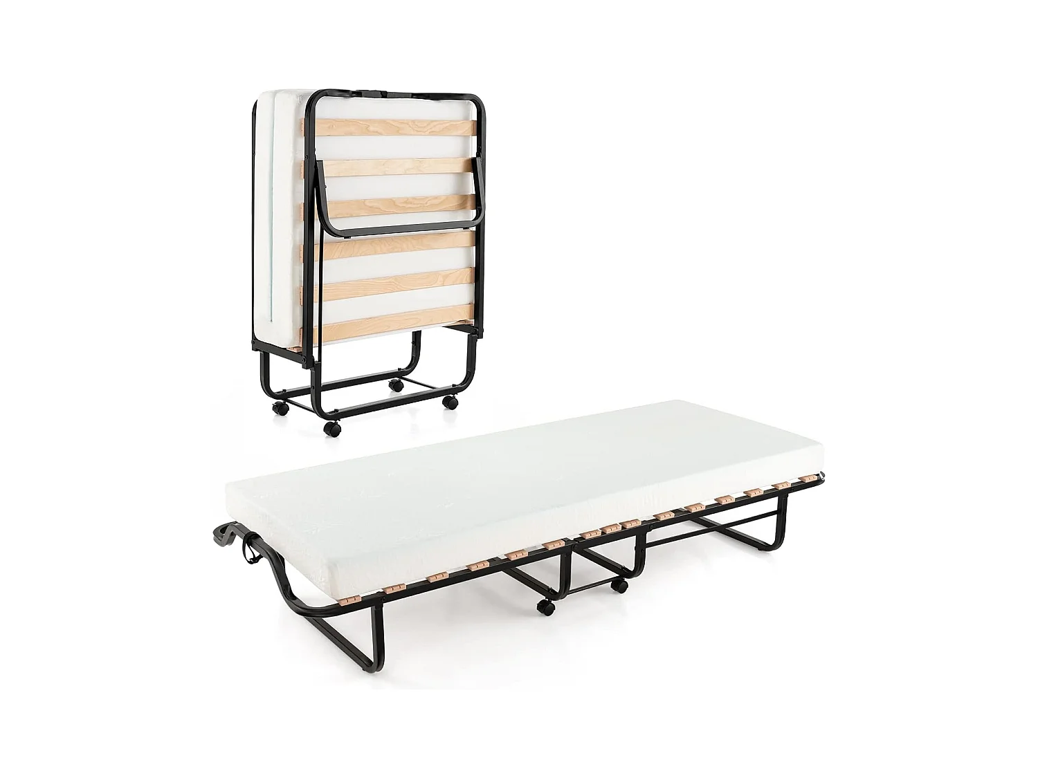 Inklapbaar logeerbed, 80 x 200 cm, opklapbed met 10 cm dikke schuimstofmatras, vouwbed met wielen en stevig metalen frame, belastbaar tot 220 kg