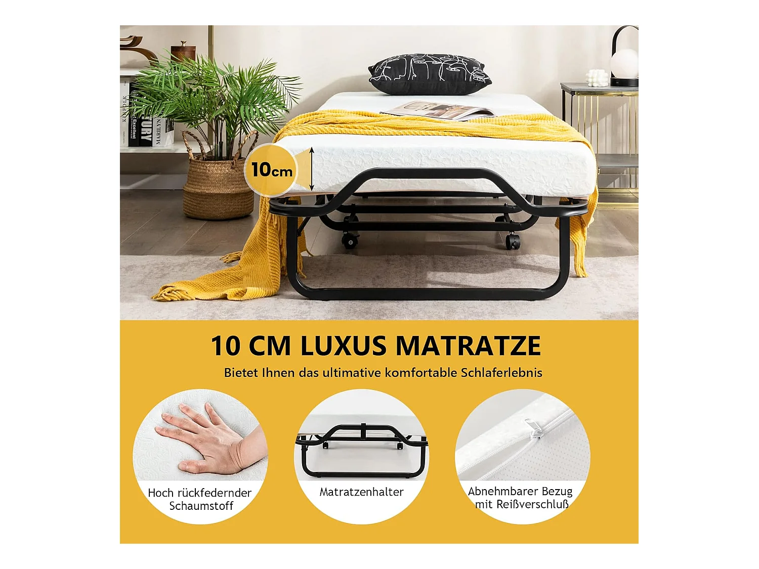 Inklapbaar logeerbed, 80 x 200 cm, opklapbed met 10 cm dikke schuimstofmatras, vouwbed met wielen en stevig metalen frame, belastbaar tot 220 kg