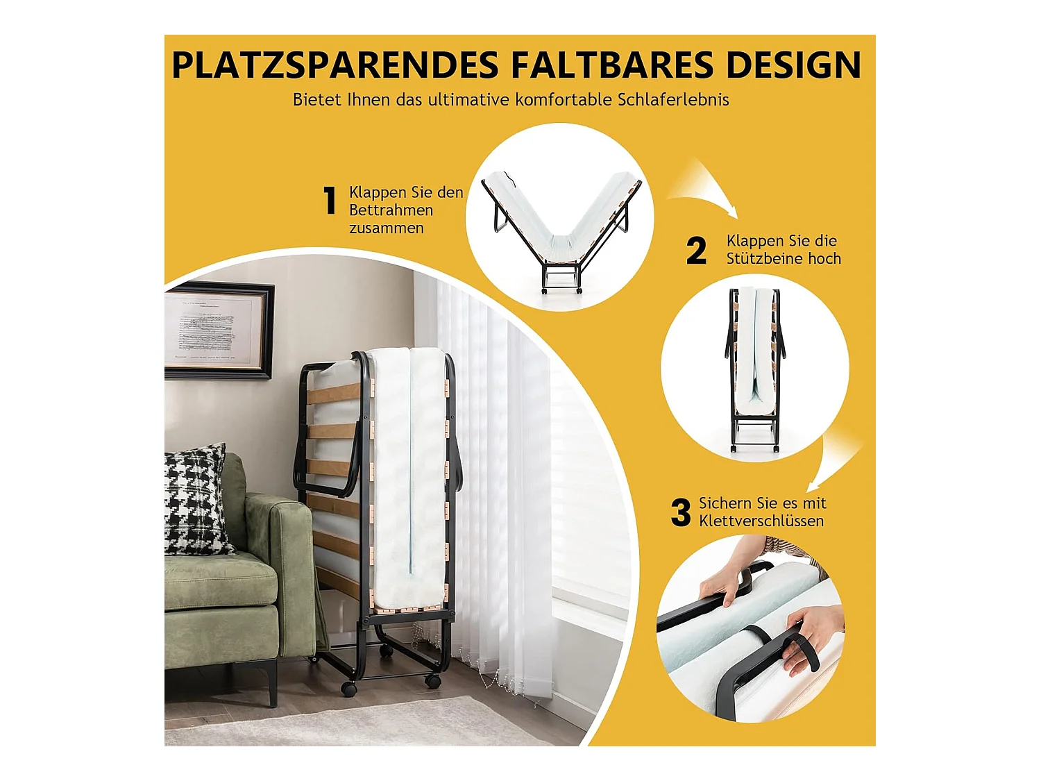 Inklapbaar logeerbed, 80 x 200 cm, opklapbed met 10 cm dikke schuimstofmatras, vouwbed met wielen en stevig metalen frame, belastbaar tot 220 kg