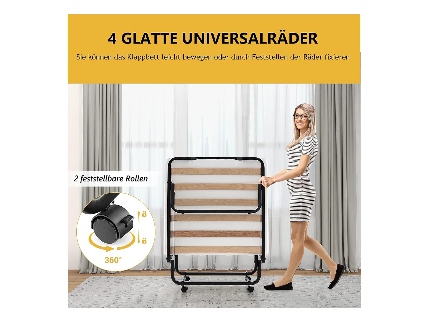 Inklapbaar logeerbed, 80 x 200 cm, opklapbed met 10 cm dikke schuimstofmatras, vouwbed met wielen en stevig metalen frame, belastbaar tot 220 kg