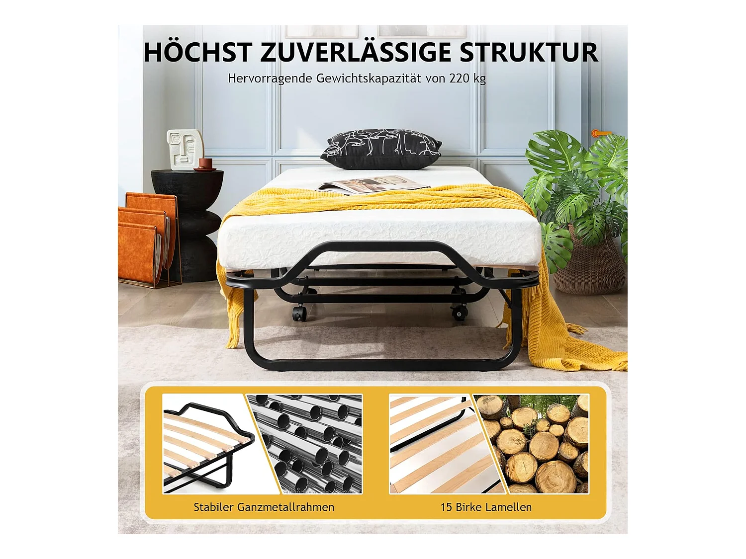Inklapbaar logeerbed, 80 x 200 cm, opklapbed met 10 cm dikke schuimstofmatras, vouwbed met wielen en stevig metalen frame, belastbaar tot 220 kg
