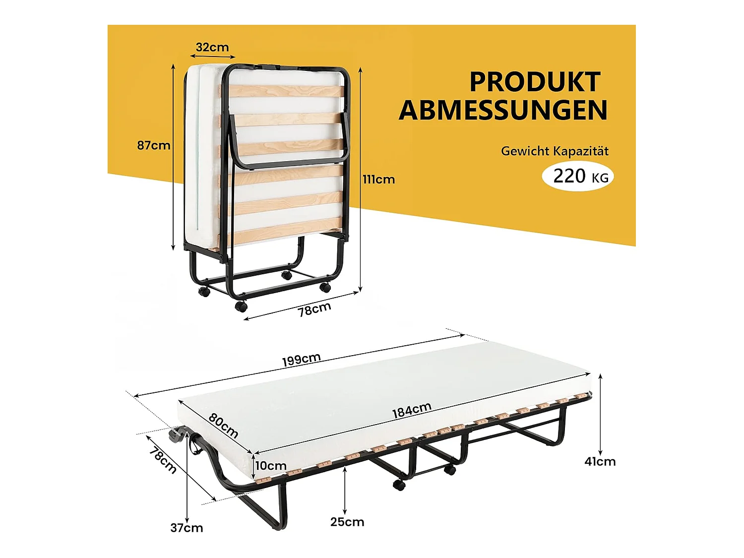 Inklapbaar logeerbed, 80 x 200 cm, opklapbed met 10 cm dikke schuimstofmatras, vouwbed met wielen en stevig metalen frame, belastbaar tot 220 kg