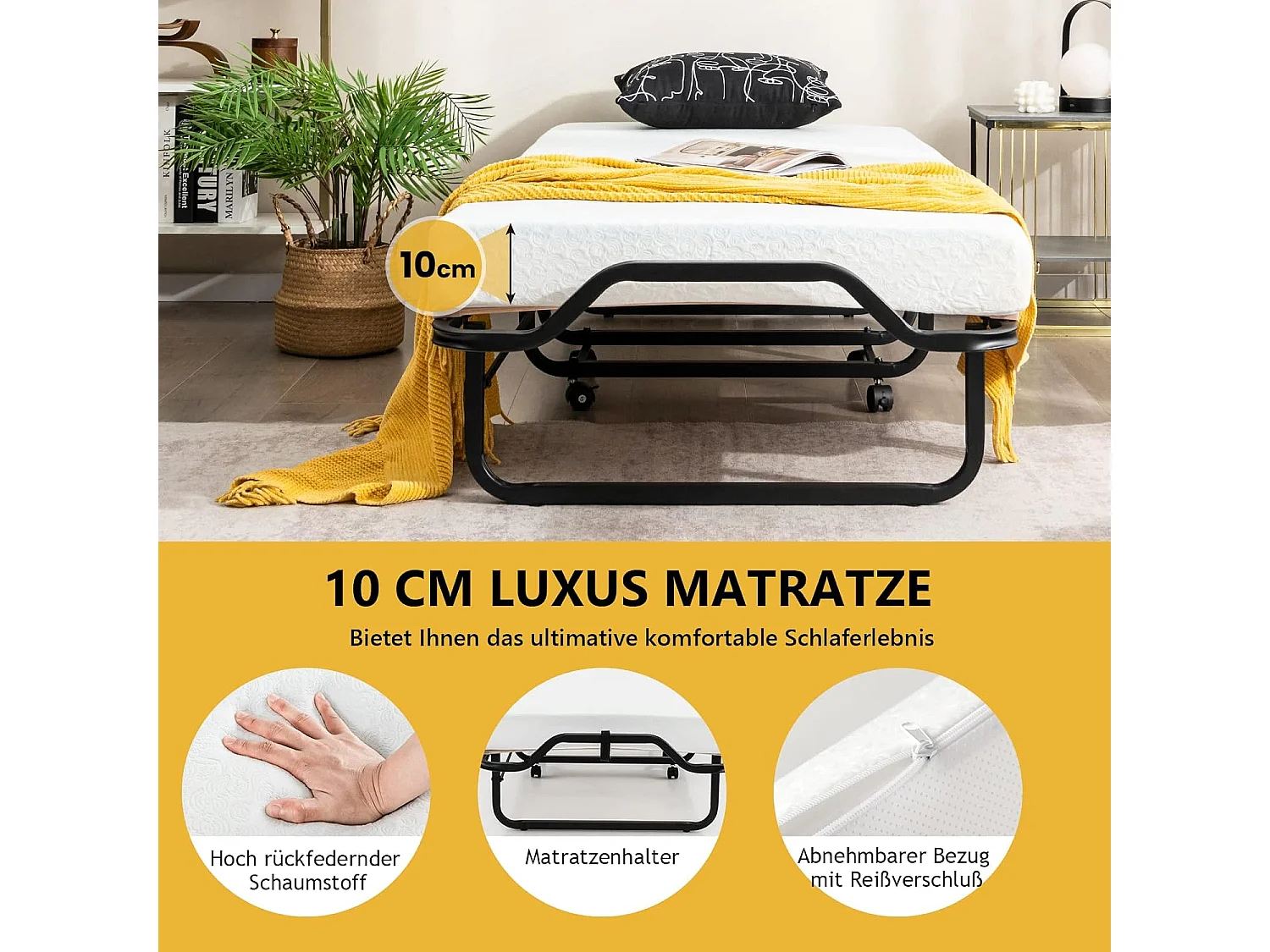 Inklapbaar logeerbed, 80 x 200 cm, opklapbed met 10 cm dikke schuimstofmatras, vouwbed met wielen en stevig metalen frame, belastbaar tot 220 kg