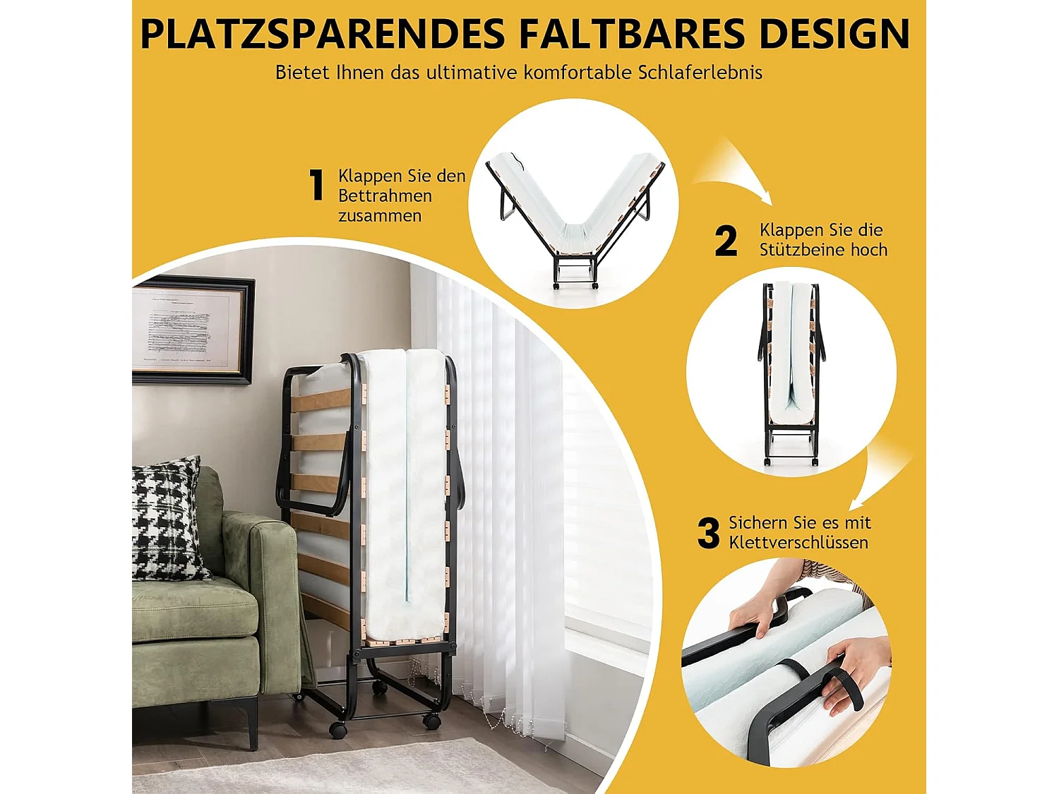 Inklapbaar logeerbed, 80 x 200 cm, opklapbed met 10 cm dikke schuimstofmatras, vouwbed met wielen en stevig metalen frame, belastbaar tot 220 kg