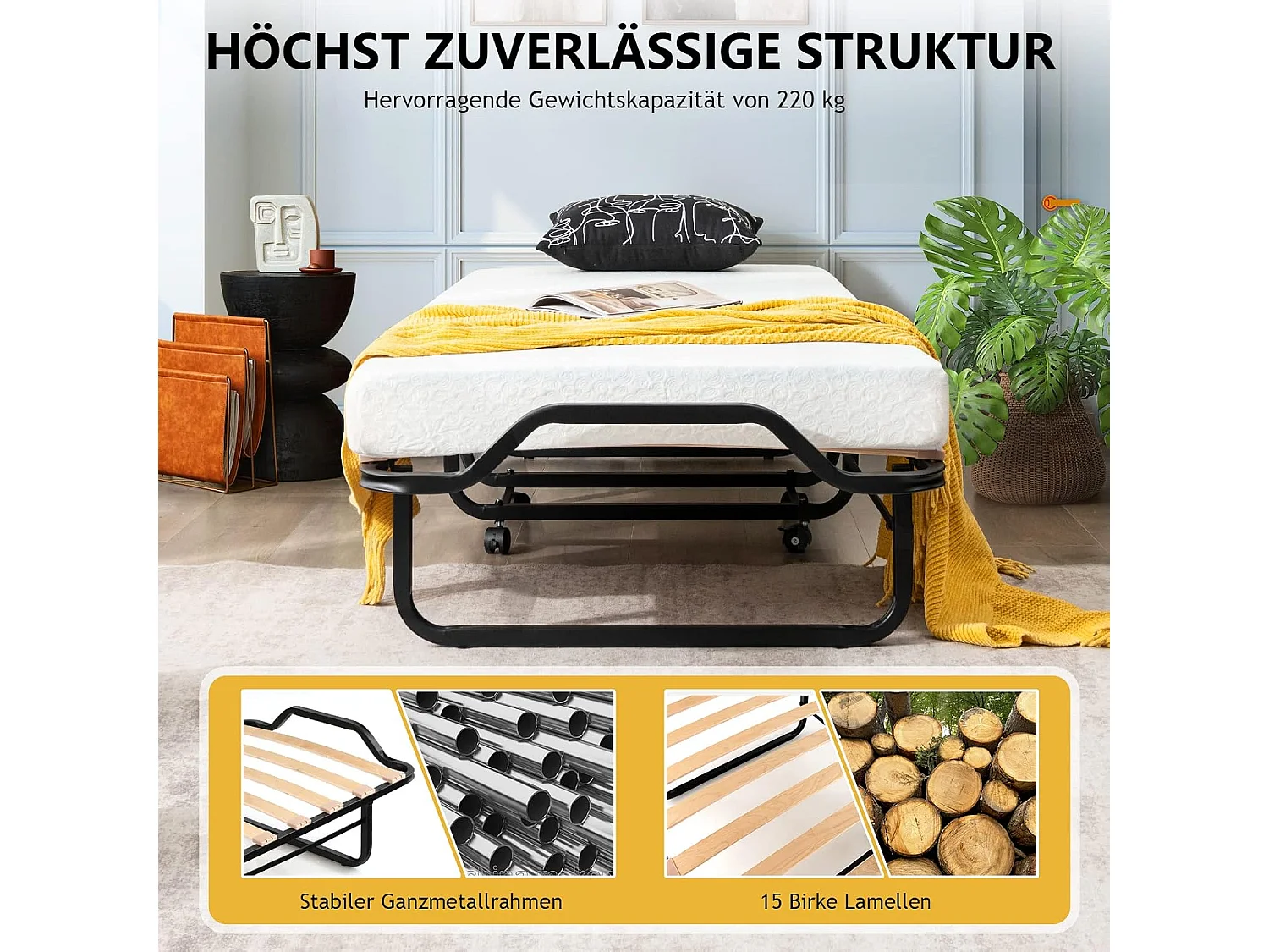 Inklapbaar logeerbed, 80 x 200 cm, opklapbed met 10 cm dikke schuimstofmatras, vouwbed met wielen en stevig metalen frame, belastbaar tot 220 kg