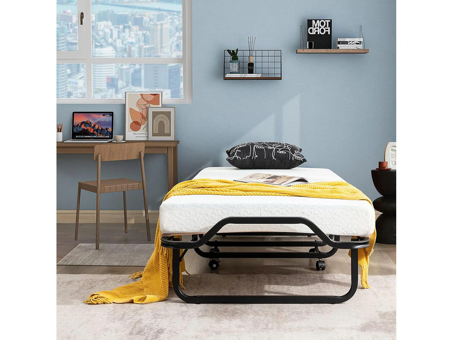 Inklapbaar logeerbed, 80 x 200 cm, opklapbed met 10 cm dikke schuimstofmatras, vouwbed met wielen en stevig metalen frame, belastbaar tot 220 kg