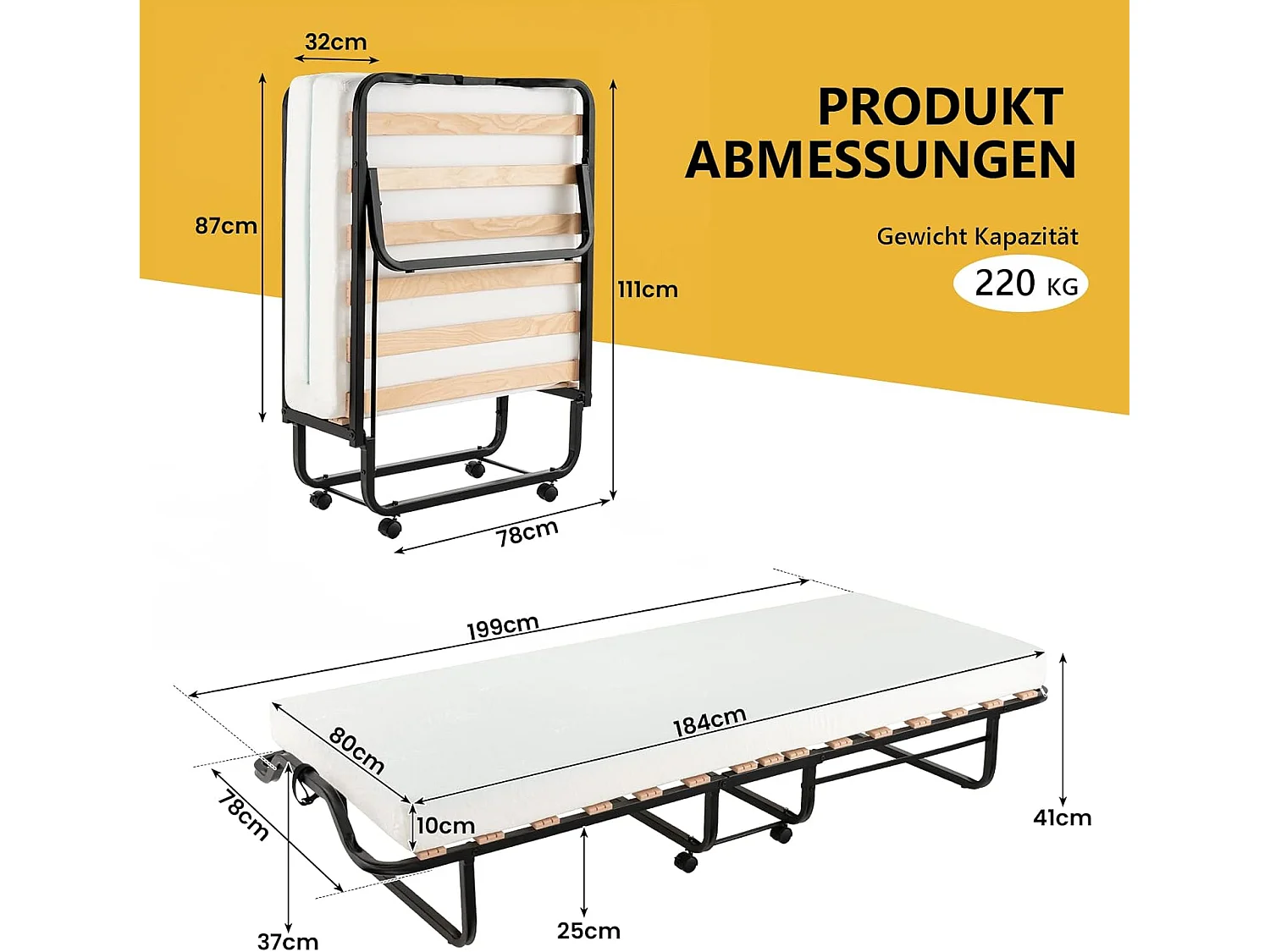Inklapbaar logeerbed, 80 x 200 cm, opklapbed met 10 cm dikke schuimstofmatras, vouwbed met wielen en stevig metalen frame, belastbaar tot 220 kg