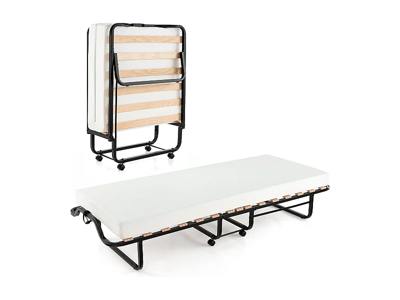 Inklapbaar logeerbed, 80 x 200 cm, opklapbed met 10 cm dikke schuimstofmatras, vouwbed met wielen en stevig metalen frame, belastbaar tot 220 kg