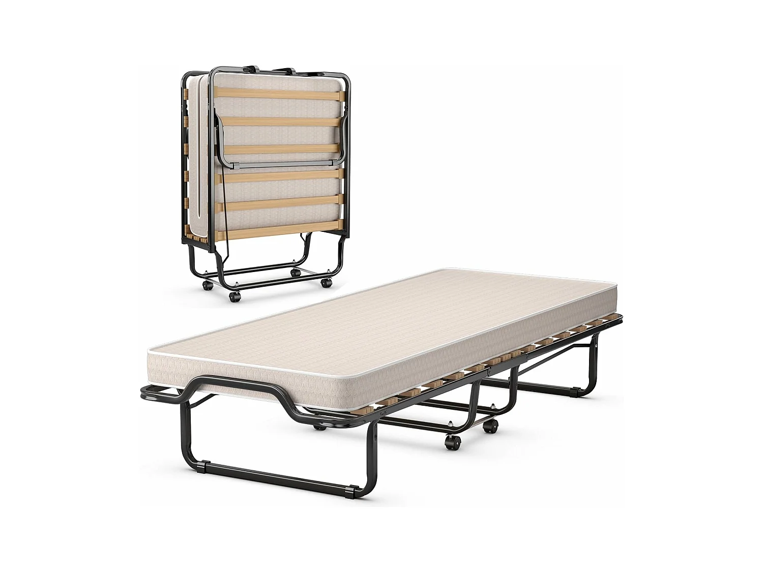 Gastenbed, 80 x 200 cm, inklapbaar logeerbed met matras van traagschuim, opklapbed met stevig stalen frame, tot 120 kg, metalen bed op wielen,camping, beige