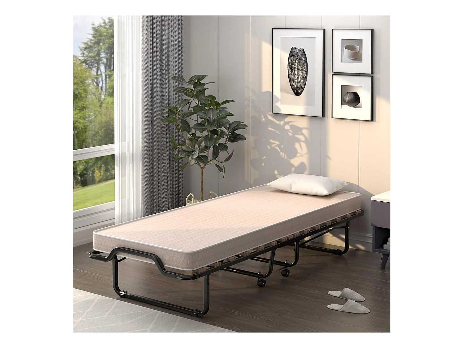 Gastenbed, 80 x 200 cm, inklapbaar logeerbed met matras van traagschuim, opklapbed met stevig stalen frame, tot 120 kg, metalen bed op wielen,camping, beige