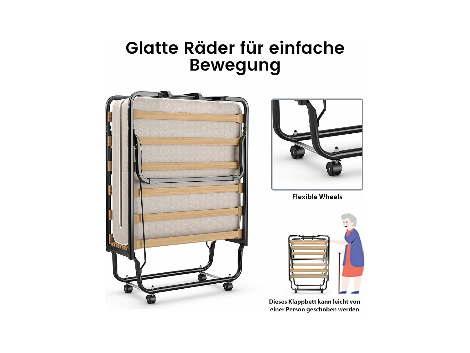 Gastenbed, 80 x 200 cm, inklapbaar logeerbed met matras van traagschuim, opklapbed met stevig stalen frame, tot 120 kg, metalen bed op wielen,camping, beige