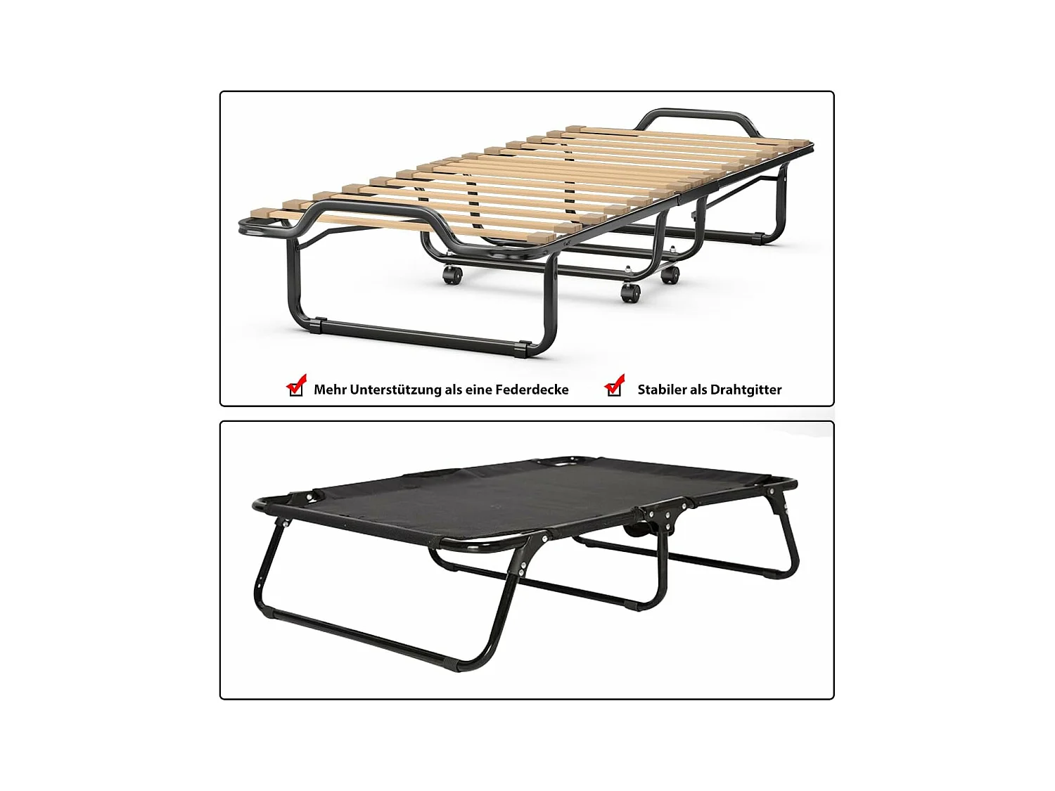 Gastenbed, 80 x 200 cm, inklapbaar logeerbed met matras van traagschuim, opklapbed met stevig stalen frame, tot 120 kg, metalen bed op wielen,camping, beige