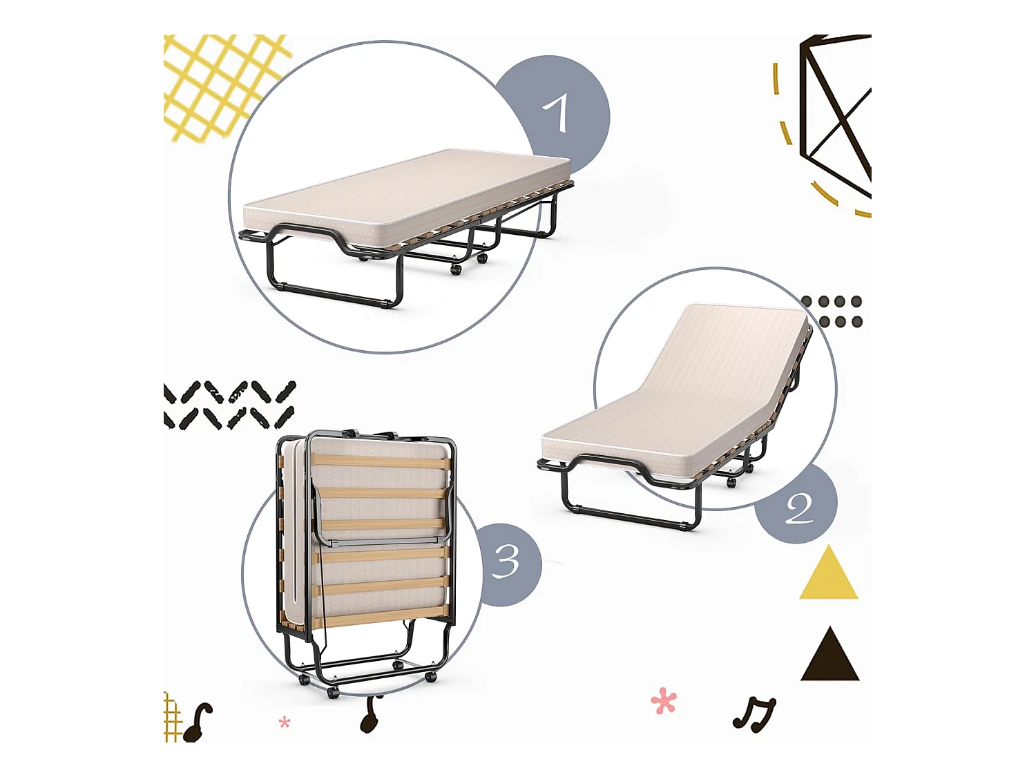 Gastenbed, 80 x 200 cm, inklapbaar logeerbed met matras van traagschuim, opklapbed met stevig stalen frame, tot 120 kg, metalen bed op wielen,camping, beige