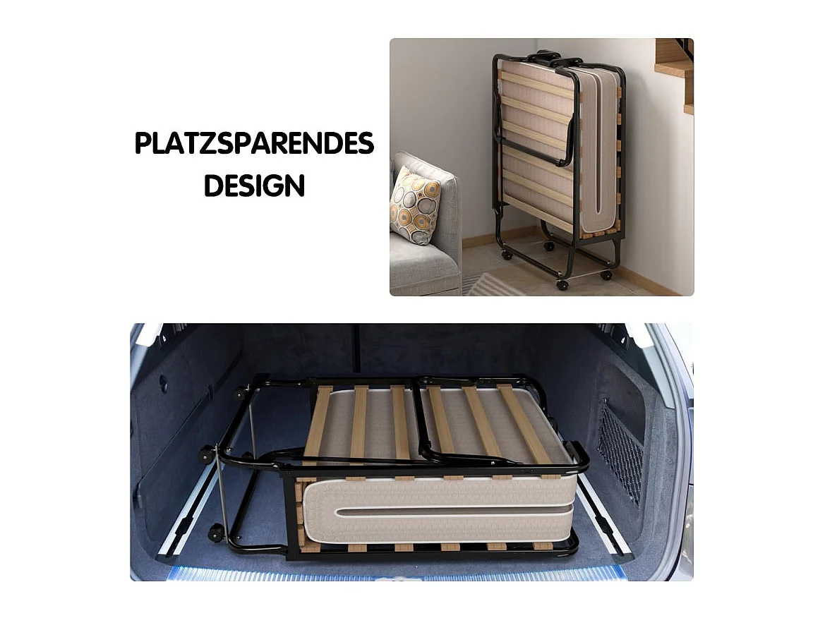 Gastenbed, 80 x 200 cm, inklapbaar logeerbed met matras van traagschuim, opklapbed met stevig stalen frame, tot 120 kg, metalen bed op wielen,camping, beige