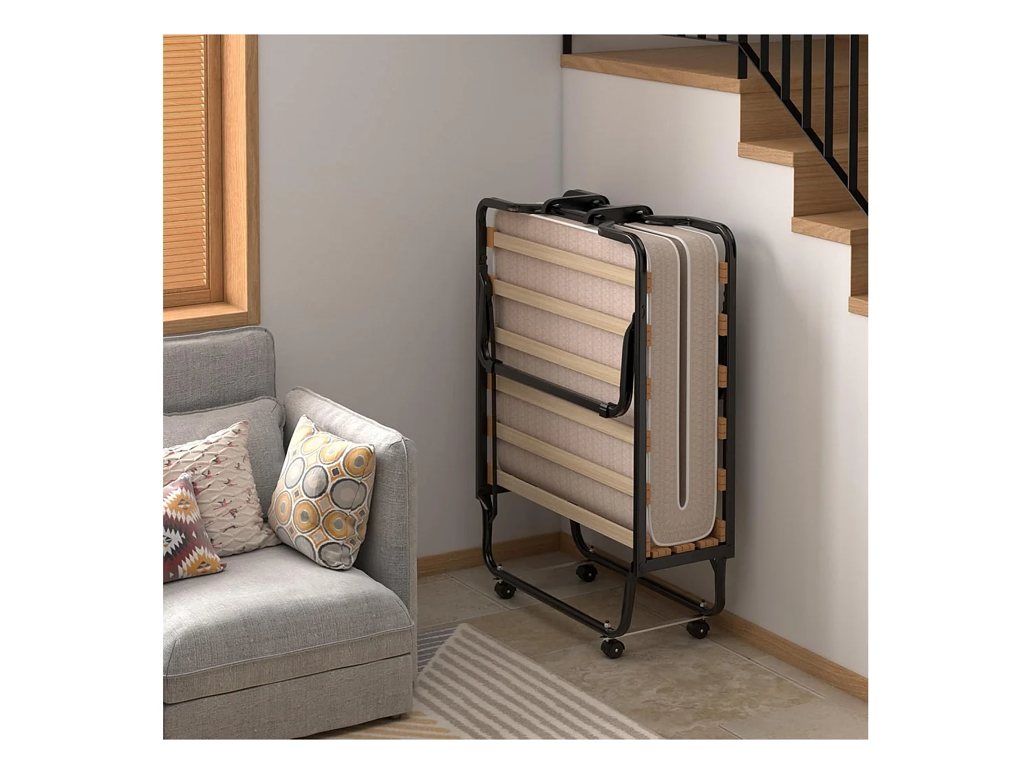 Gastenbed, 80 x 200 cm, inklapbaar logeerbed met matras van traagschuim, opklapbed met stevig stalen frame, tot 120 kg, metalen bed op wielen,camping, beige