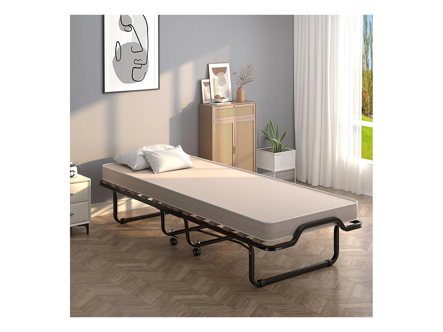 Gastenbed, 80 x 200 cm, inklapbaar logeerbed met matras van traagschuim, opklapbed met stevig stalen frame, tot 120 kg, metalen bed op wielen,camping, beige