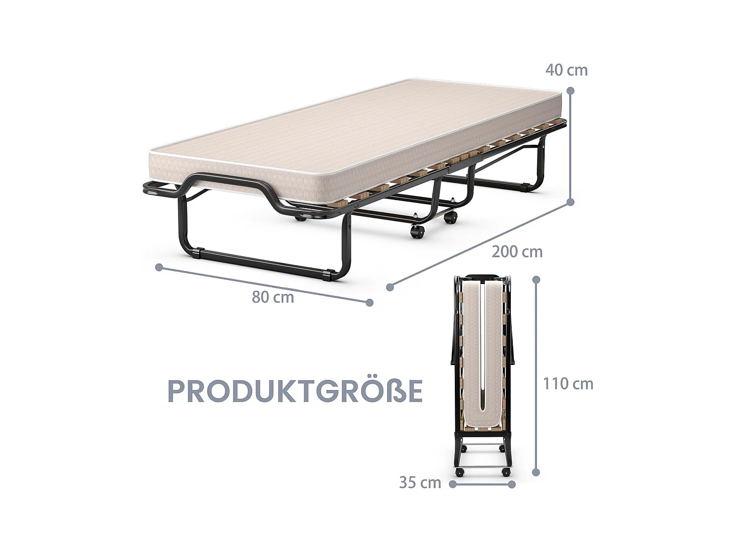 Gastenbed, 80 x 200 cm, inklapbaar logeerbed met matras van traagschuim, opklapbed met stevig stalen frame, tot 120 kg, metalen bed op wielen,camping, beige