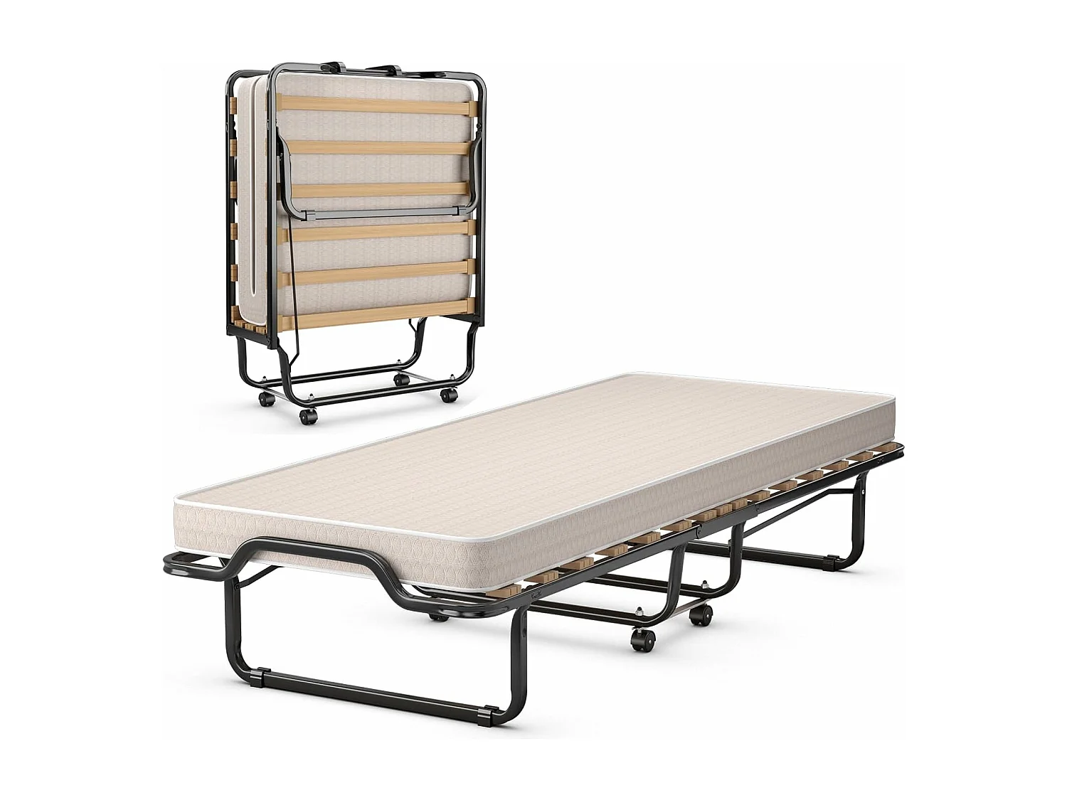 Gastenbed, 80 x 200 cm, inklapbaar logeerbed met matras van traagschuim, opklapbed met stevig stalen frame, tot 120 kg, metalen bed op wielen,camping, beige