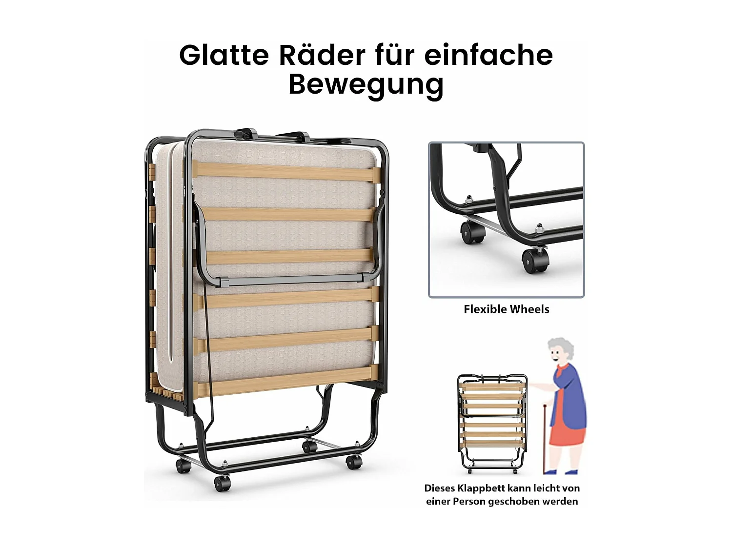 Gastenbed, 80 x 200 cm, inklapbaar logeerbed met matras van traagschuim, opklapbed met stevig stalen frame, tot 120 kg, metalen bed op wielen,camping, beige