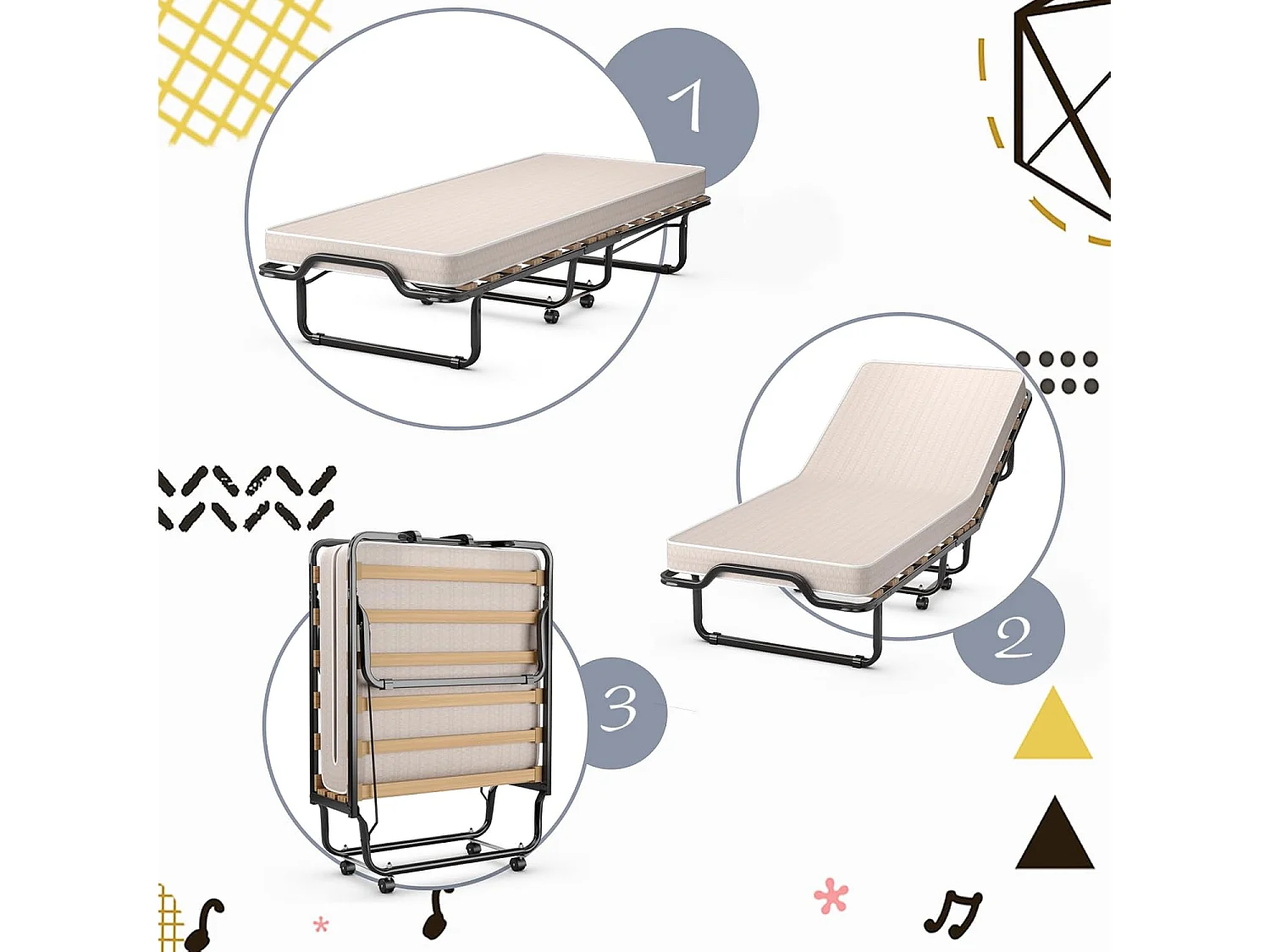 Gastenbed, 80 x 200 cm, inklapbaar logeerbed met matras van traagschuim, opklapbed met stevig stalen frame, tot 120 kg, metalen bed op wielen,camping, beige