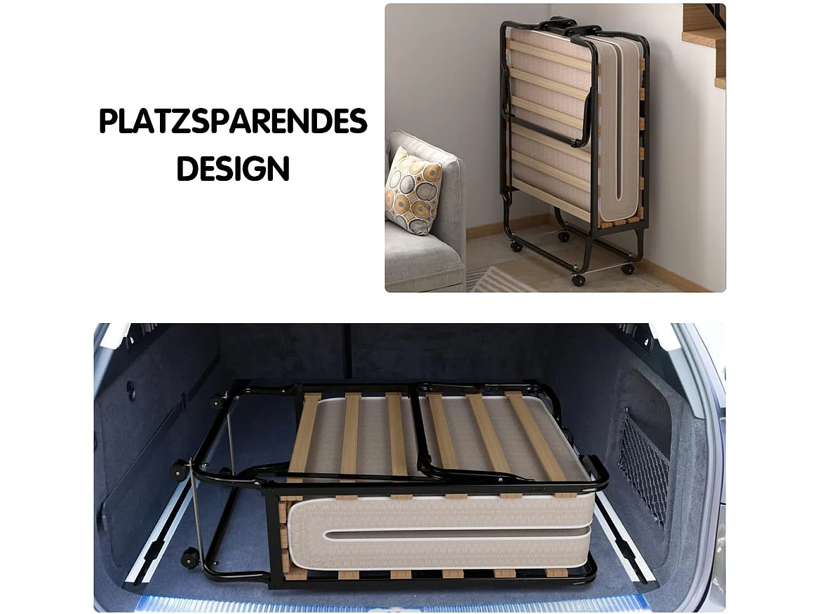 Gastenbed, 80 x 200 cm, inklapbaar logeerbed met matras van traagschuim, opklapbed met stevig stalen frame, tot 120 kg, metalen bed op wielen,camping, beige