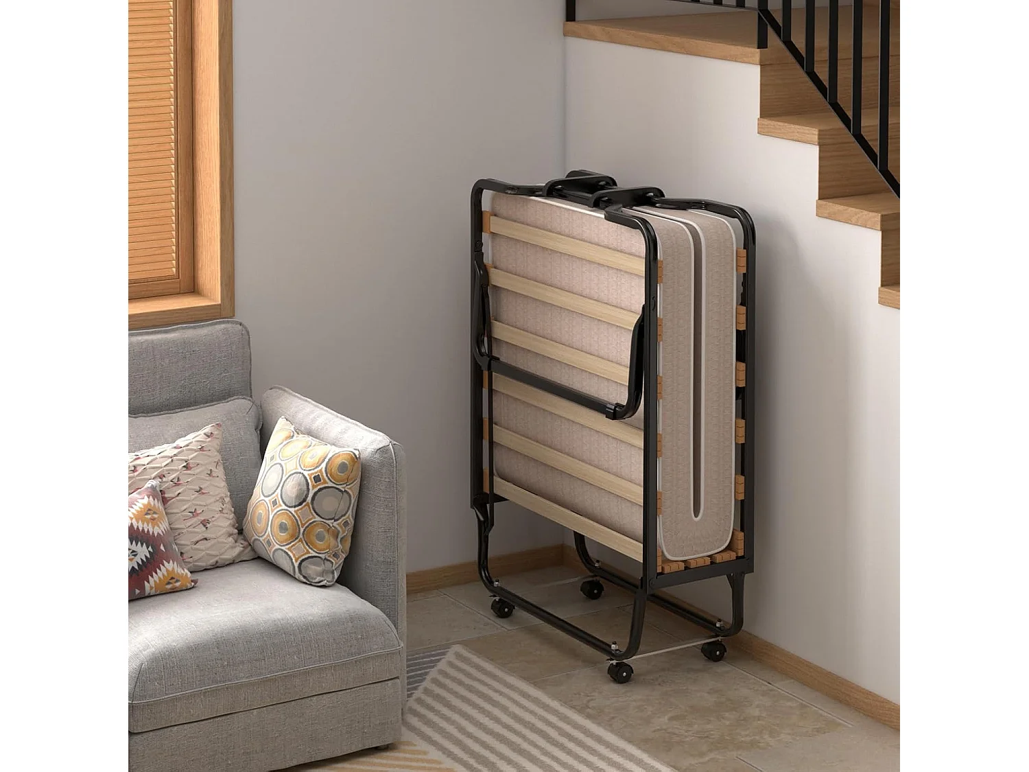 Gastenbed, 80 x 200 cm, inklapbaar logeerbed met matras van traagschuim, opklapbed met stevig stalen frame, tot 120 kg, metalen bed op wielen,camping, beige