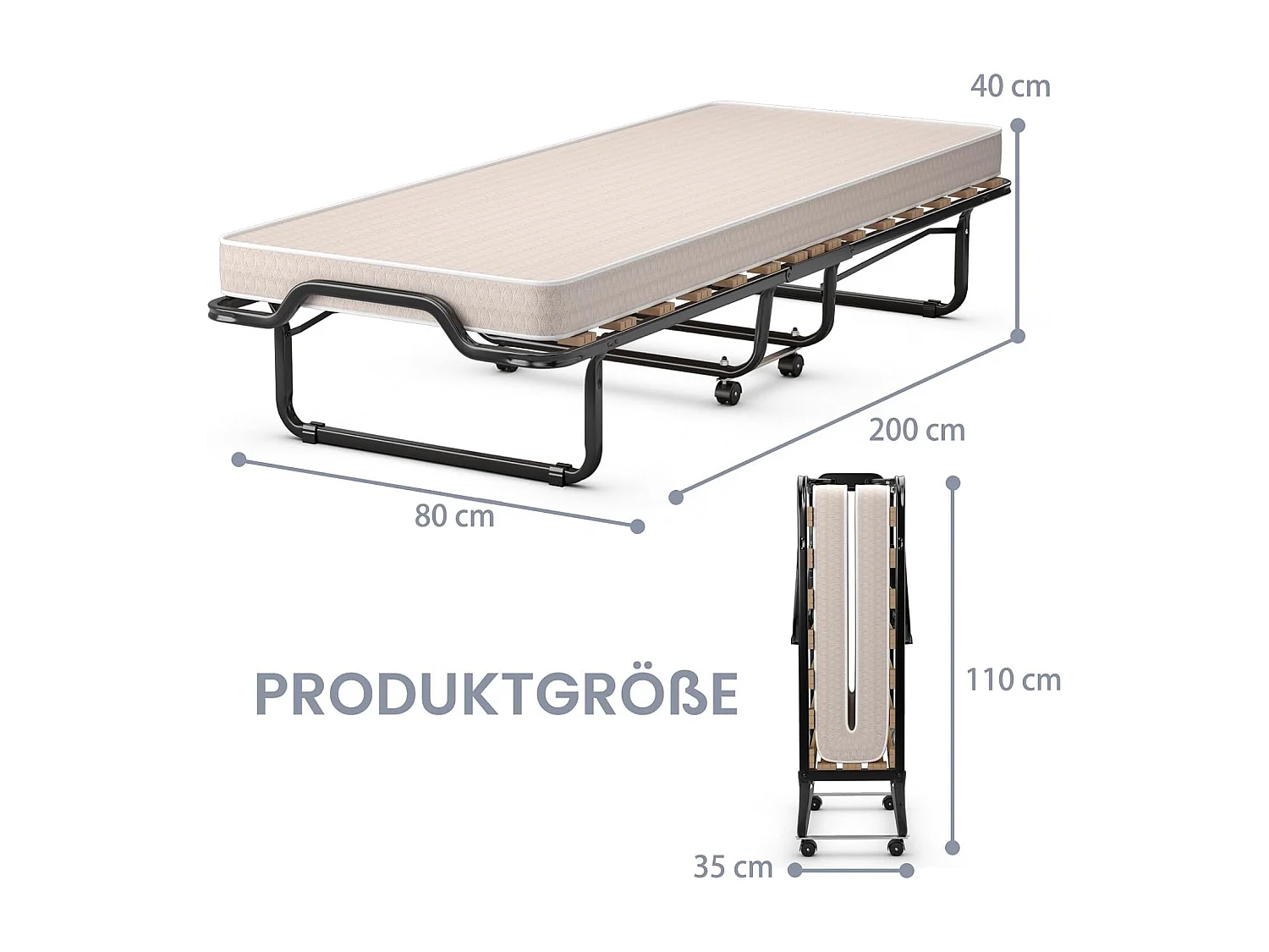 Gastenbed, 80 x 200 cm, inklapbaar logeerbed met matras van traagschuim, opklapbed met stevig stalen frame, tot 120 kg, metalen bed op wielen,camping, beige