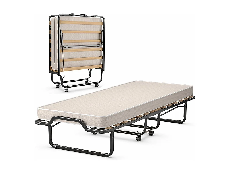 Gastenbed, 80 x 200 cm, inklapbaar logeerbed met matras van traagschuim, opklapbed met stevig stalen frame, tot 120 kg, metalen bed op wielen,camping, beige