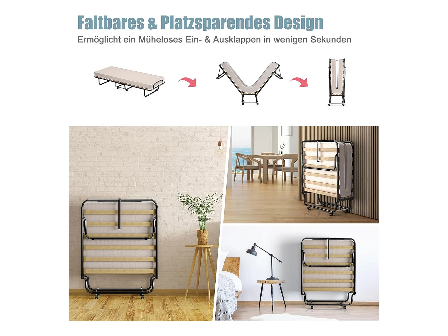 80 x 190 cm, logeerbed met matras van traagschuim, inklapbaar eenpersoonsbed, stabiel metalen bed tot 130 kg belastbaar,vouwbed,draagbaar bed (beige)TI94021