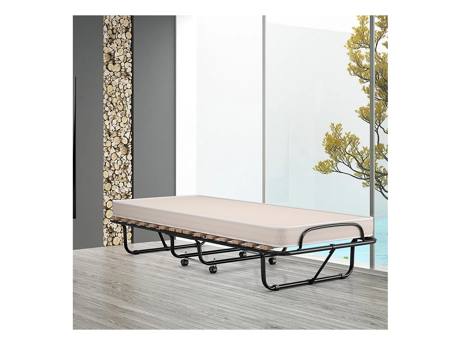 80 x 190 cm, logeerbed met matras van traagschuim, inklapbaar eenpersoonsbed, stabiel metalen bed tot 130 kg belastbaar,vouwbed,draagbaar bed (beige)TI94021