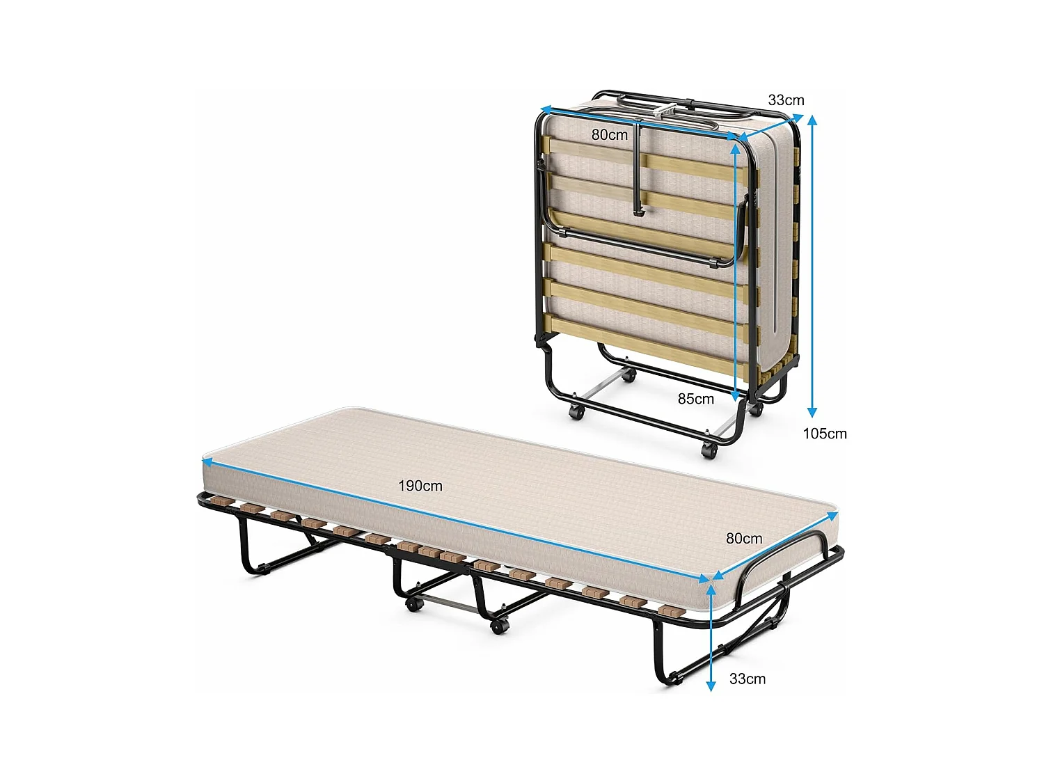 80 x 190 cm, logeerbed met matras van traagschuim, inklapbaar eenpersoonsbed, stabiel metalen bed tot 130 kg belastbaar,vouwbed,draagbaar bed (beige)TI94021
