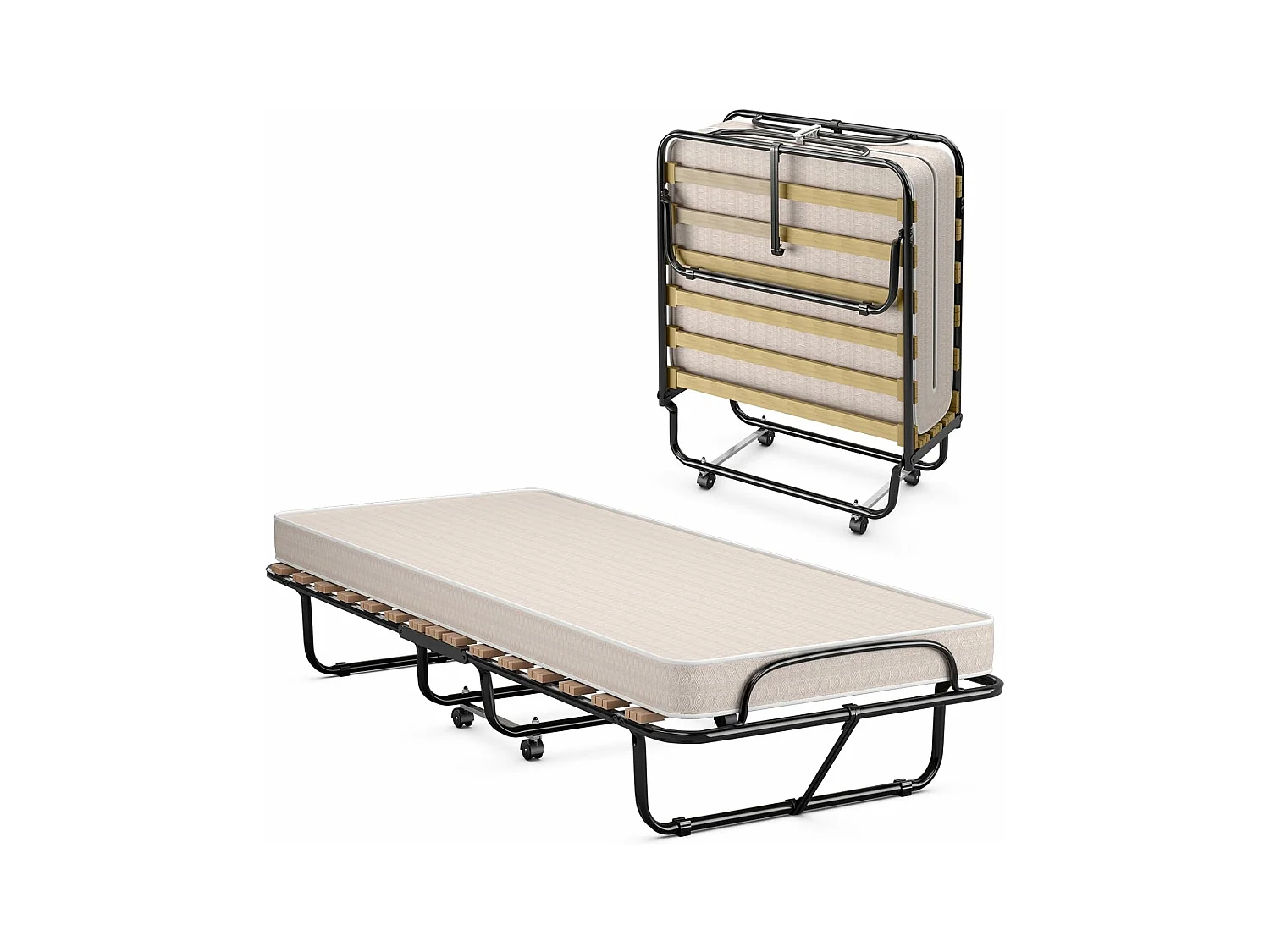 80 x 190 cm, logeerbed met matras van traagschuim, inklapbaar eenpersoonsbed, stabiel metalen bed tot 130 kg belastbaar,vouwbed,draagbaar bed (beige)TI94021