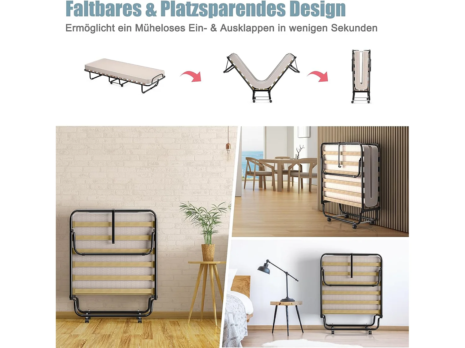 80 x 190 cm, logeerbed met matras van traagschuim, inklapbaar eenpersoonsbed, stabiel metalen bed tot 130 kg belastbaar,vouwbed,draagbaar bed (beige)TI94021