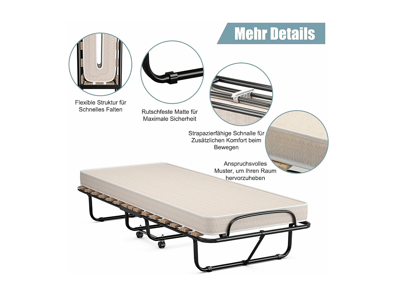 80 x 190 cm, logeerbed met matras van traagschuim, inklapbaar eenpersoonsbed, stabiel metalen bed tot 130 kg belastbaar,vouwbed,draagbaar bed (beige)TI94021