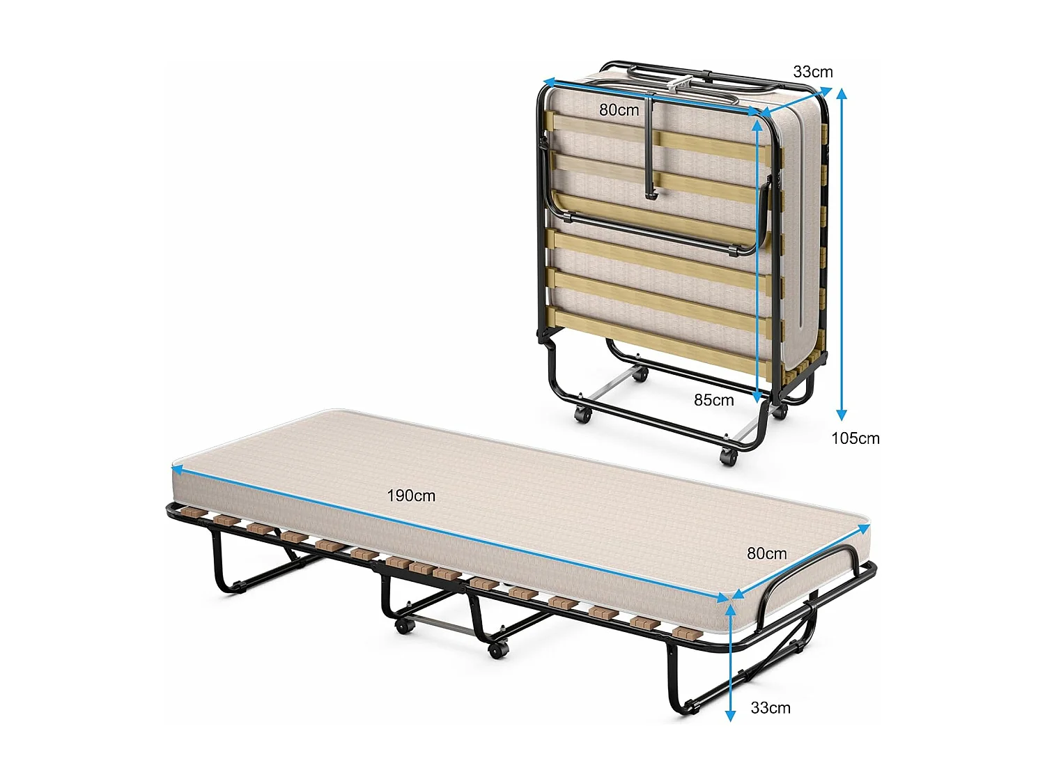 80 x 190 cm, logeerbed met matras van traagschuim, inklapbaar eenpersoonsbed, stabiel metalen bed tot 130 kg belastbaar,vouwbed,draagbaar bed (beige)TI94021