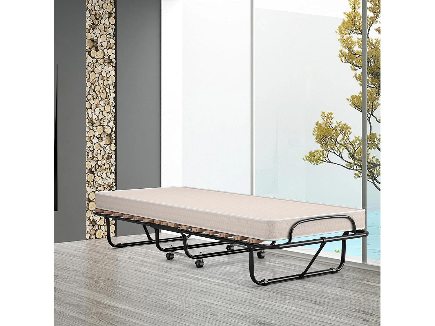 80 x 190 cm, logeerbed met matras van traagschuim, inklapbaar eenpersoonsbed, stabiel metalen bed tot 130 kg belastbaar,vouwbed,draagbaar bed (beige)TI94021