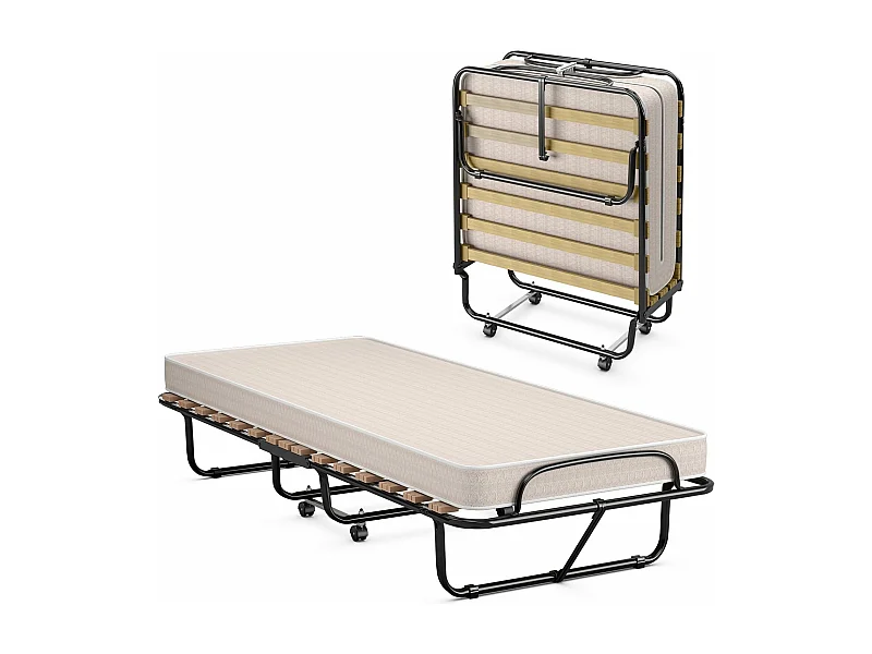 80 x 190 cm, logeerbed met matras van traagschuim, inklapbaar eenpersoonsbed, stabiel metalen bed tot 130 kg belastbaar,vouwbed,draagbaar bed (beige)TI94021