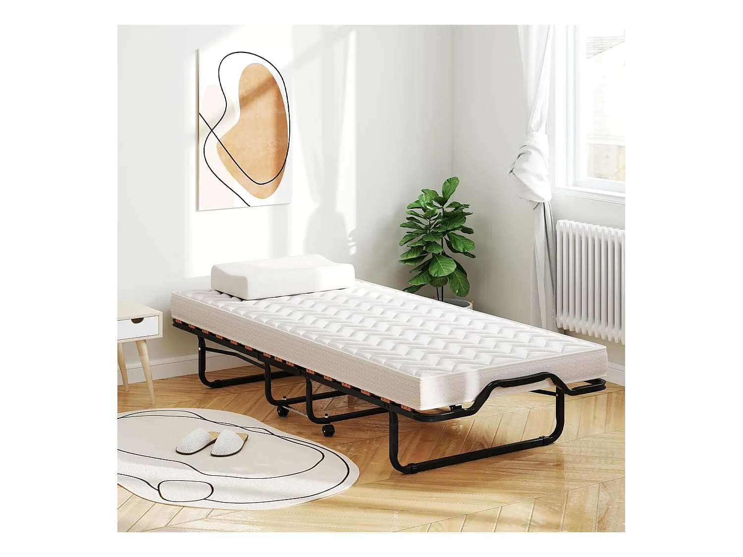 Gastenbed, 80 x 200 cm, inklapbaar logeerbed met matras van traagschuim, speciale textuur,tot 120 kg, metalen bed op wielen, voor logeerkamer, kantoor, beige