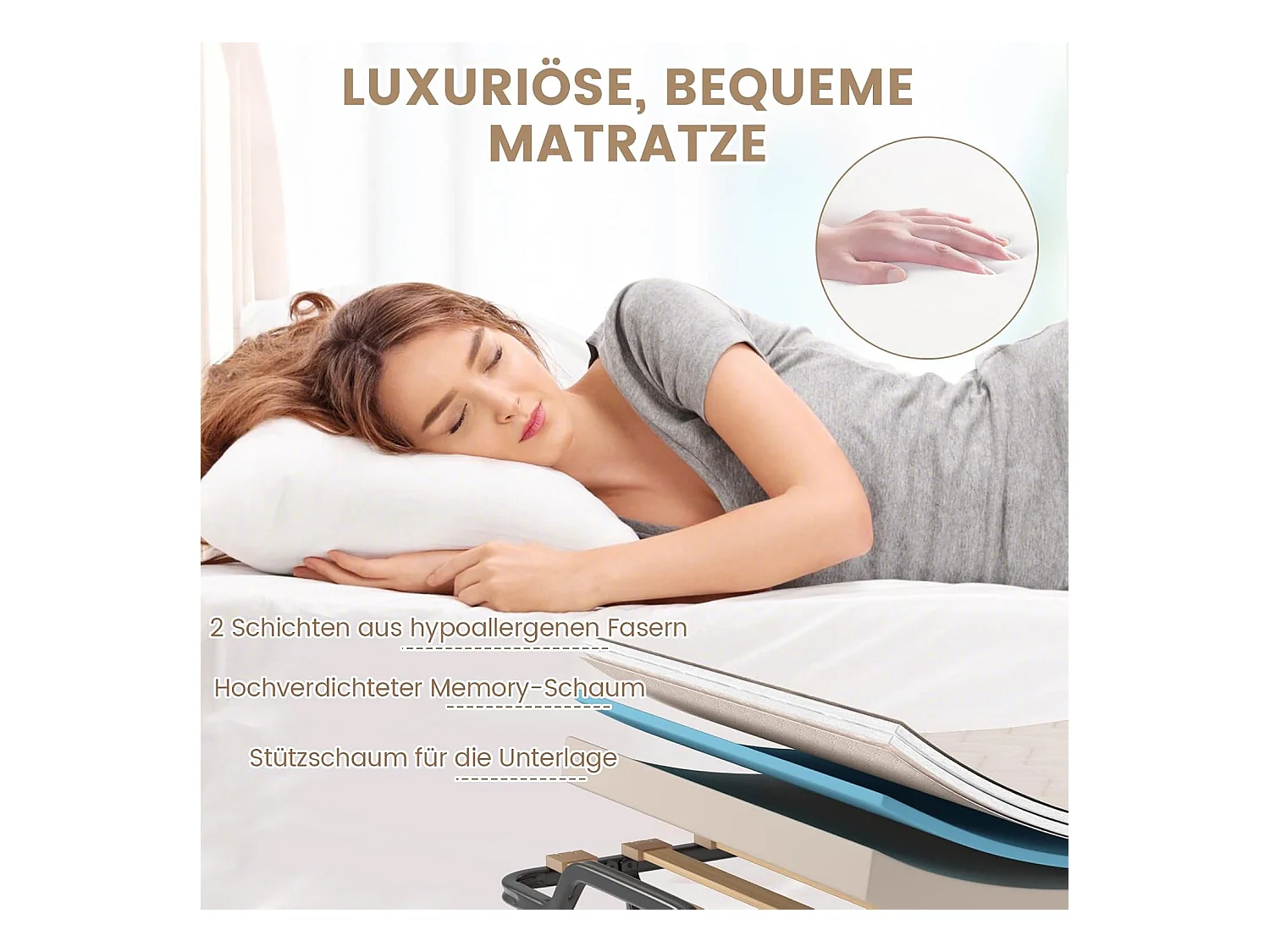 Gastenbed, 80 x 200 cm, inklapbaar logeerbed met matras van traagschuim, speciale textuur,tot 120 kg, metalen bed op wielen, voor logeerkamer, kantoor, beige