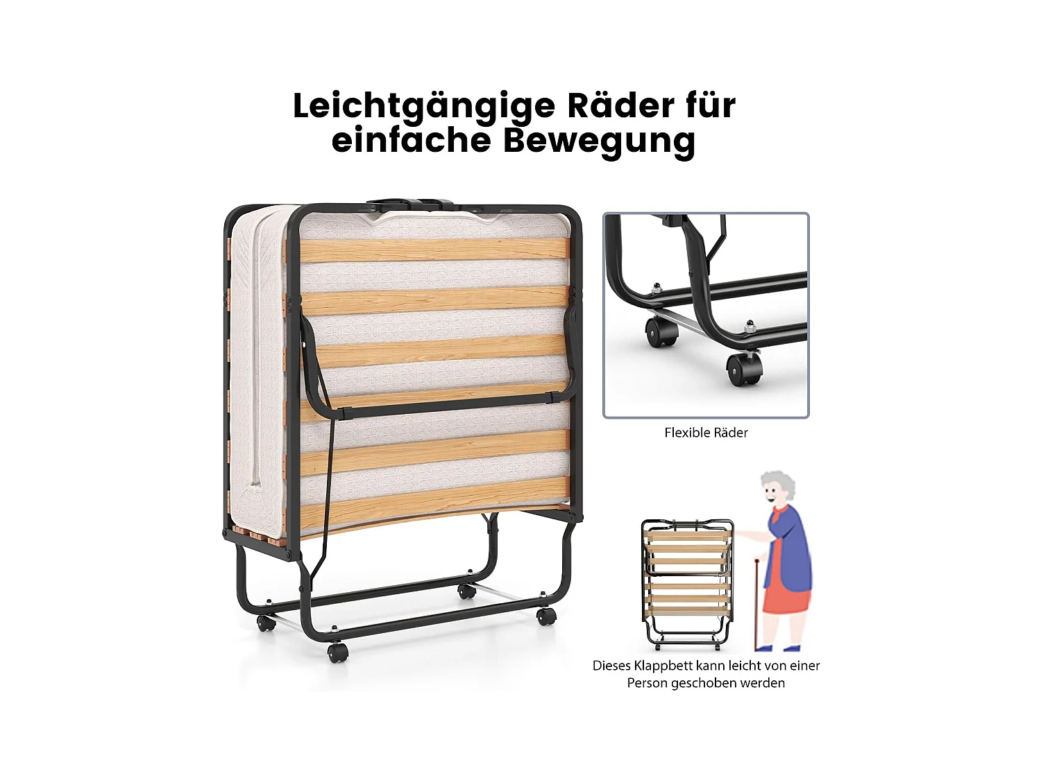 Gastenbed, 80 x 200 cm, inklapbaar logeerbed met matras van traagschuim, speciale textuur,tot 120 kg, metalen bed op wielen, voor logeerkamer, kantoor, beige
