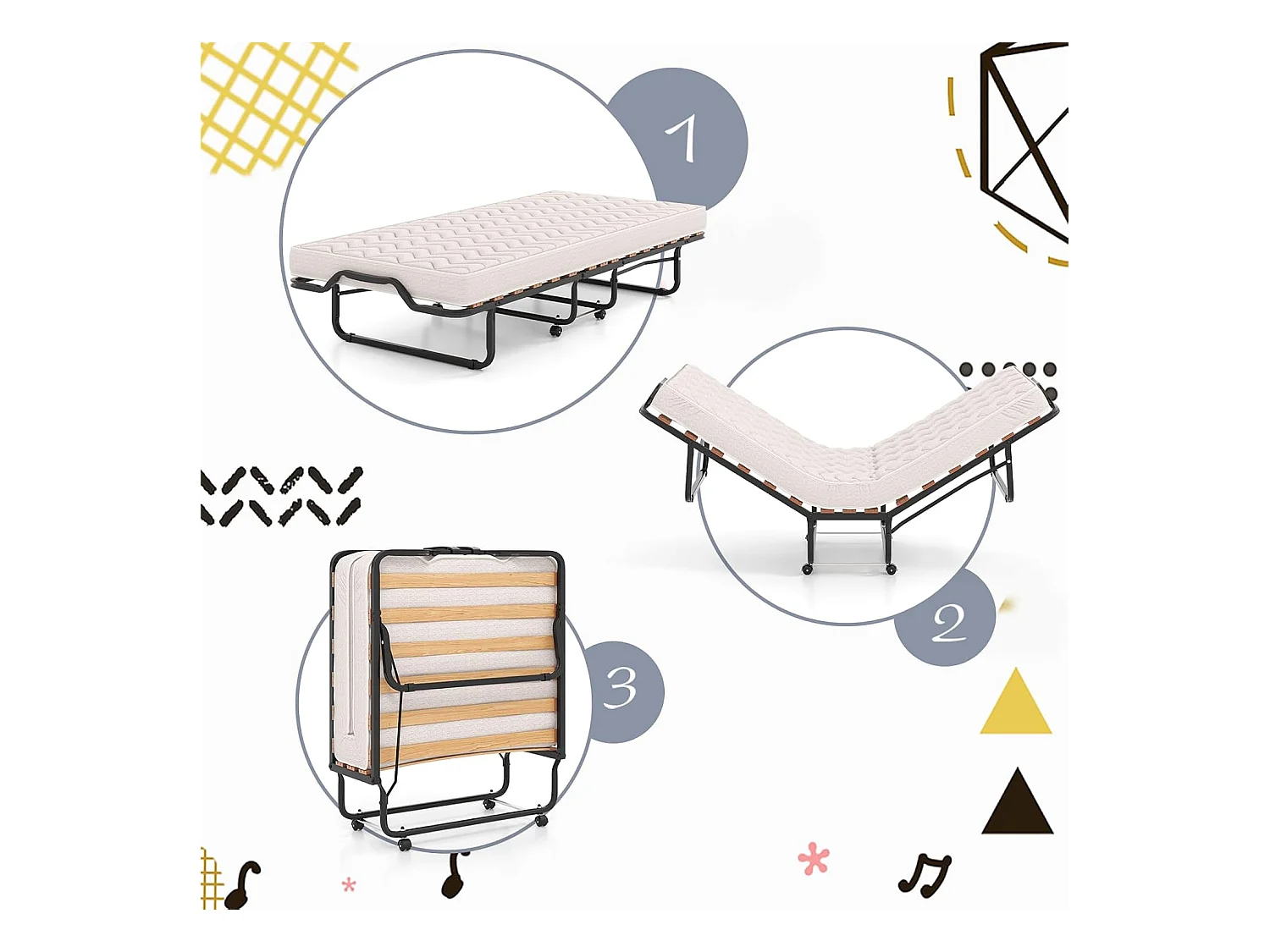 Gastenbed, 80 x 200 cm, inklapbaar logeerbed met matras van traagschuim, speciale textuur,tot 120 kg, metalen bed op wielen, voor logeerkamer, kantoor, beige