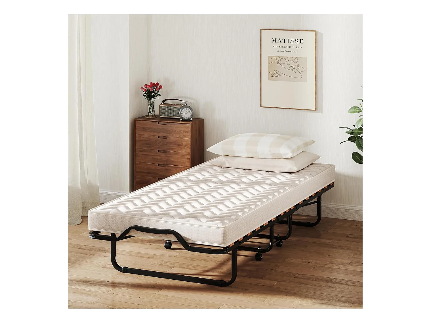 Gastenbed, 80 x 200 cm, inklapbaar logeerbed met matras van traagschuim, speciale textuur,tot 120 kg, metalen bed op wielen, voor logeerkamer, kantoor, beige